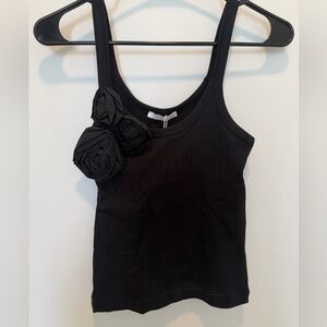 Zara Black Ribbed Top with Floral Detail NWT